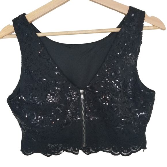 City Studio Lace Crop Top Sequins Sz 5 Black Whimsygoth Statement Club Party Fun - Picture 2 of 8